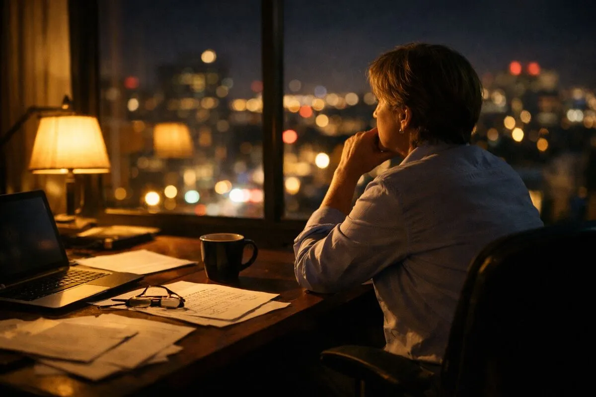 Business owner reflecting at desk overlooking city lights - 2025 year-end lessons
