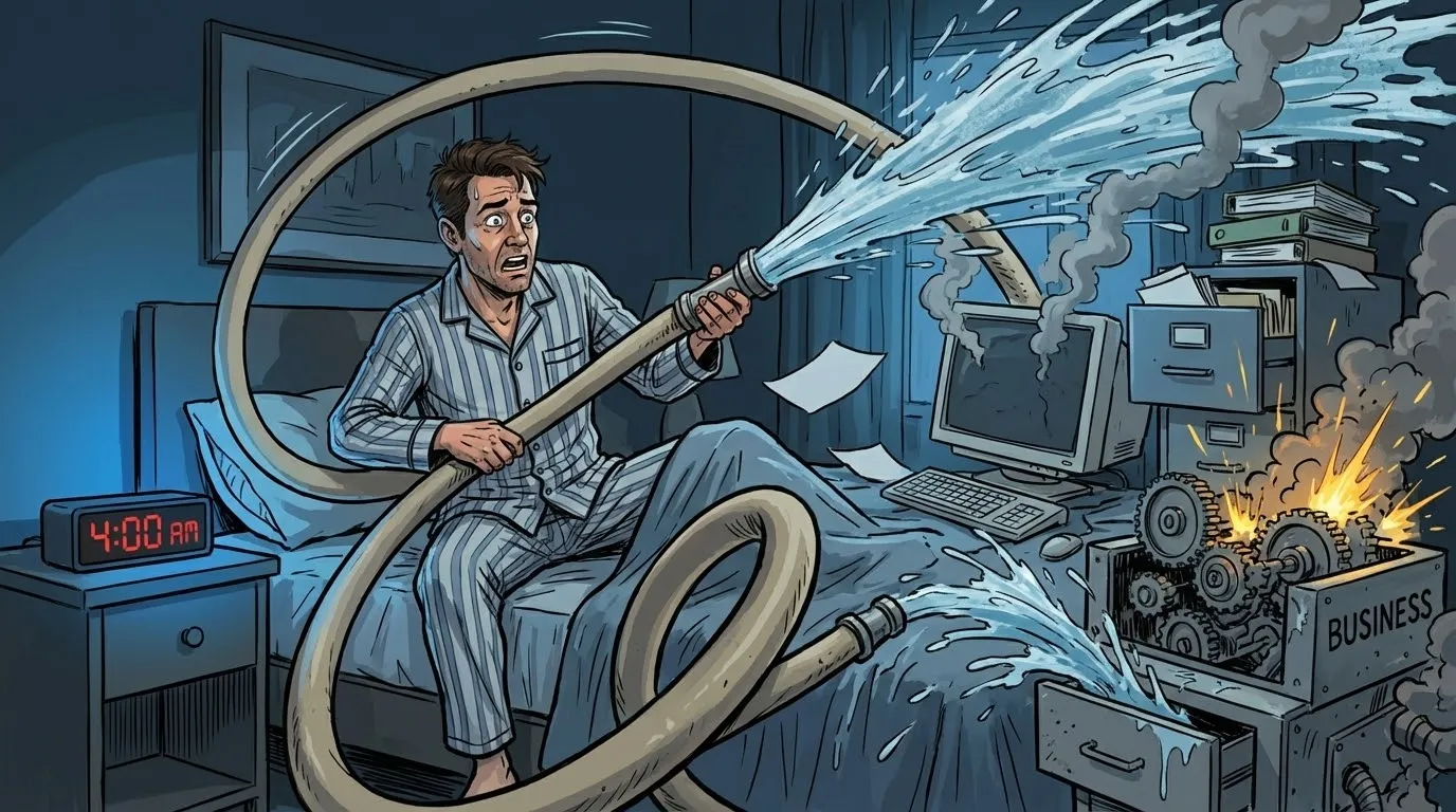 Business owner in pajamas at 4AM holding a fire hose trying to put out fires on his burning business desk