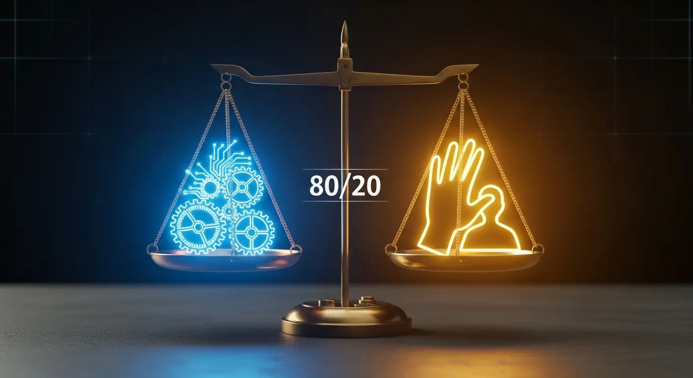 Balance scale showing automation on one side and human touch on the other with 80/20 ratio