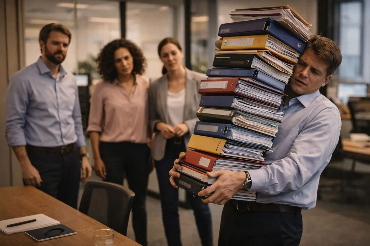 A single person carrying a tower of blocks while others stand ready to help