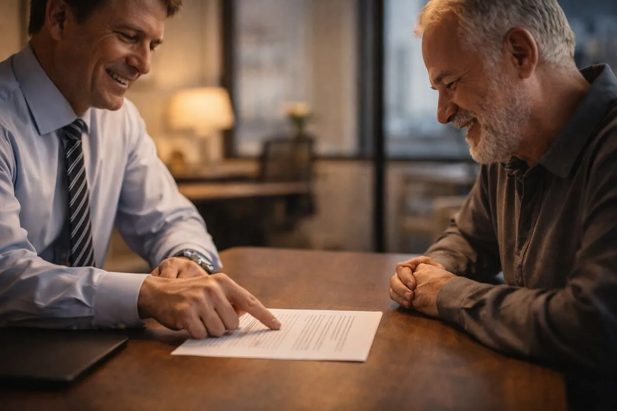 Business owner confidently pointing to one recommendation while client looks relieved