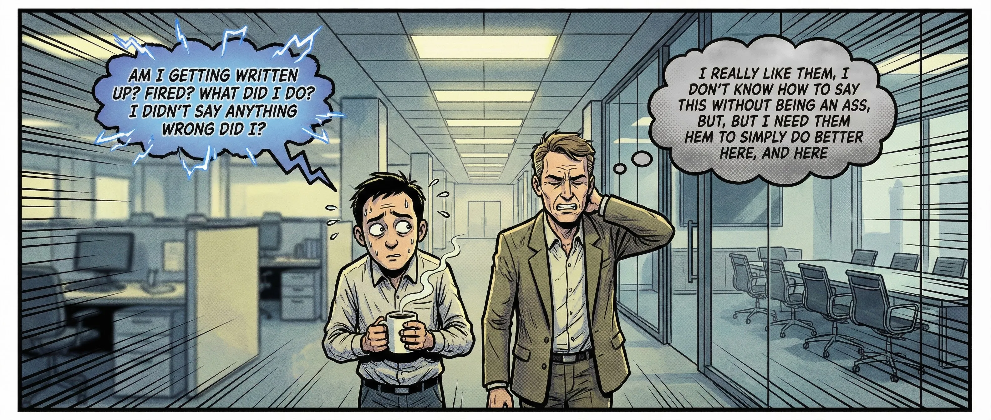 Comic-style illustration of manager and employee having an awkward hallway conversation, both thinking stressful thoughts