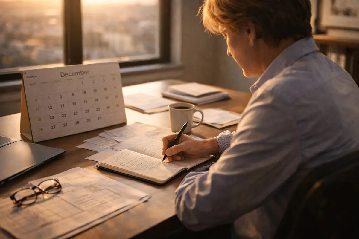 Business owner at desk with calendar showing December - preparing for a strategic reset