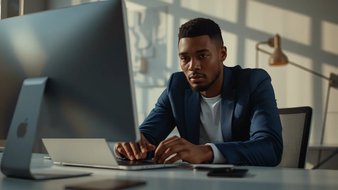 Business owner building an AI agent on a laptop with no-code workflow builder interface