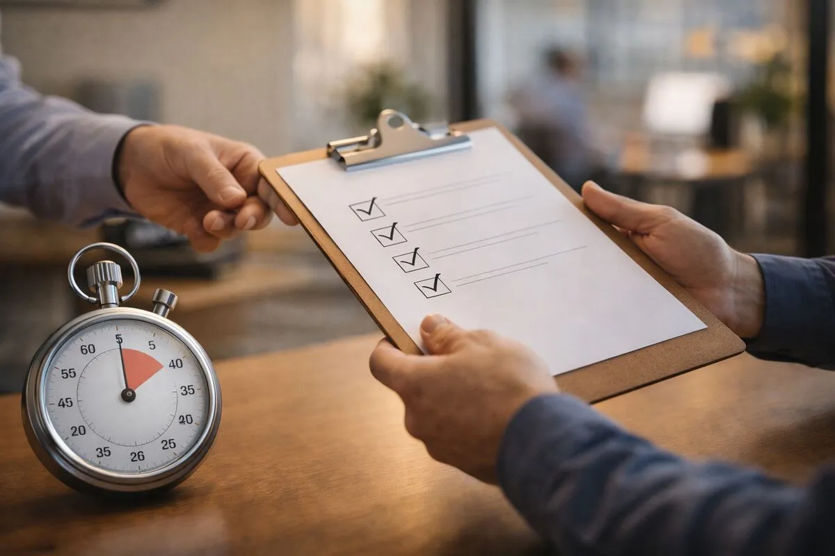 A stopwatch showing 5 minutes next to a checklist being handed from one person to another
