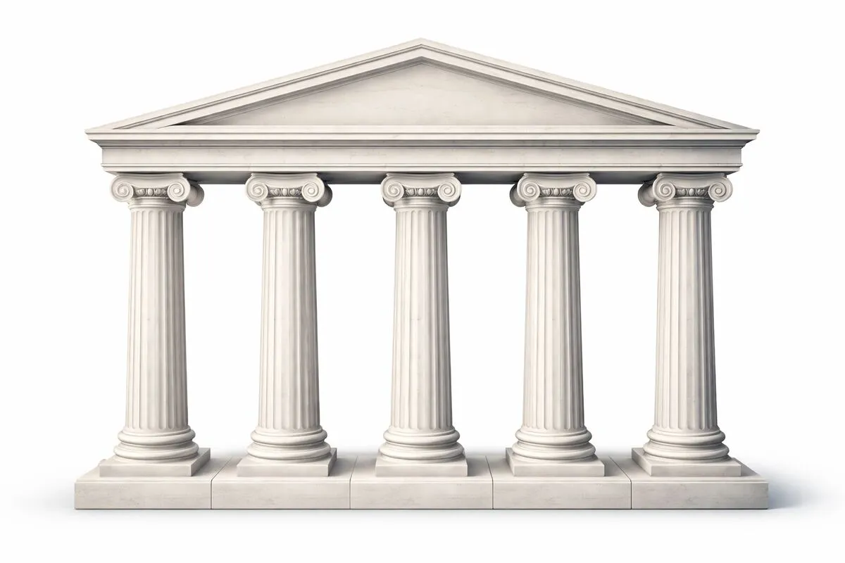 Five architectural pillars supporting a structure, representing the five pillars of the Manumation Method