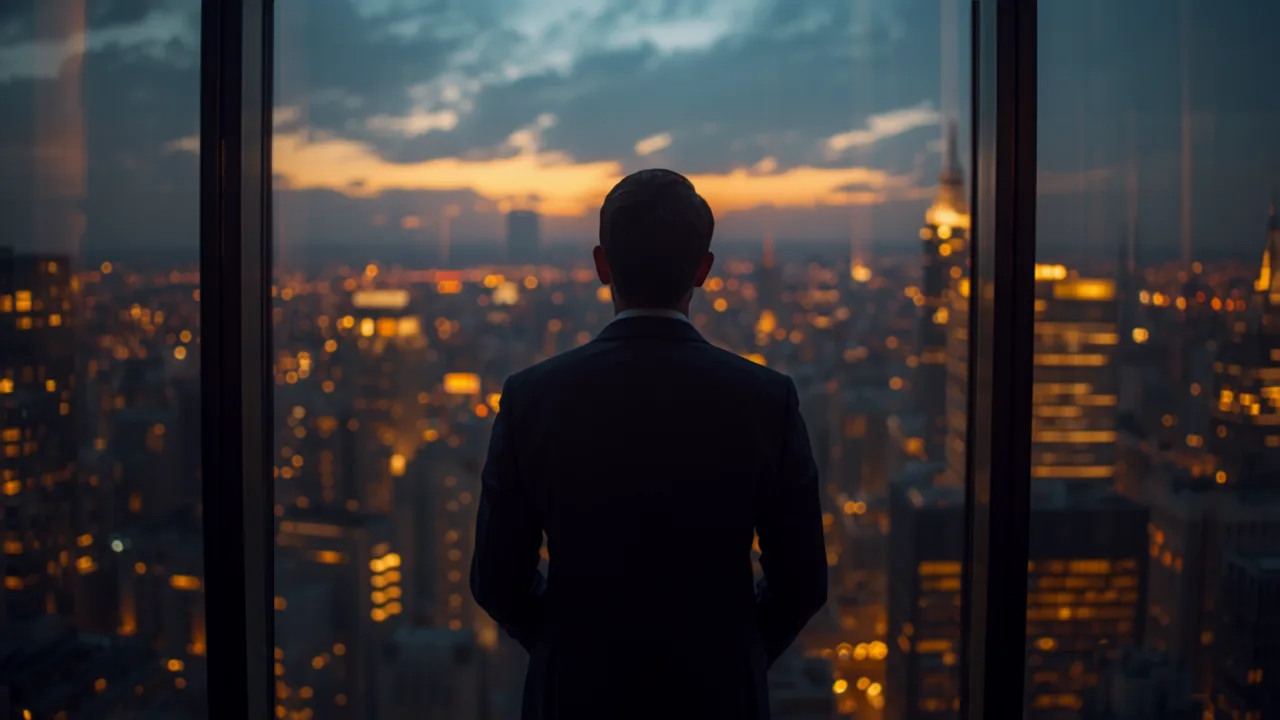 Business owner standing at a glass ceiling with growth charts showing plateau and breakthrough path forward