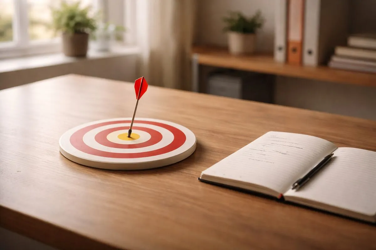 A single clear target on a clean desk, representing focused goal-setting over scattered to-do lists