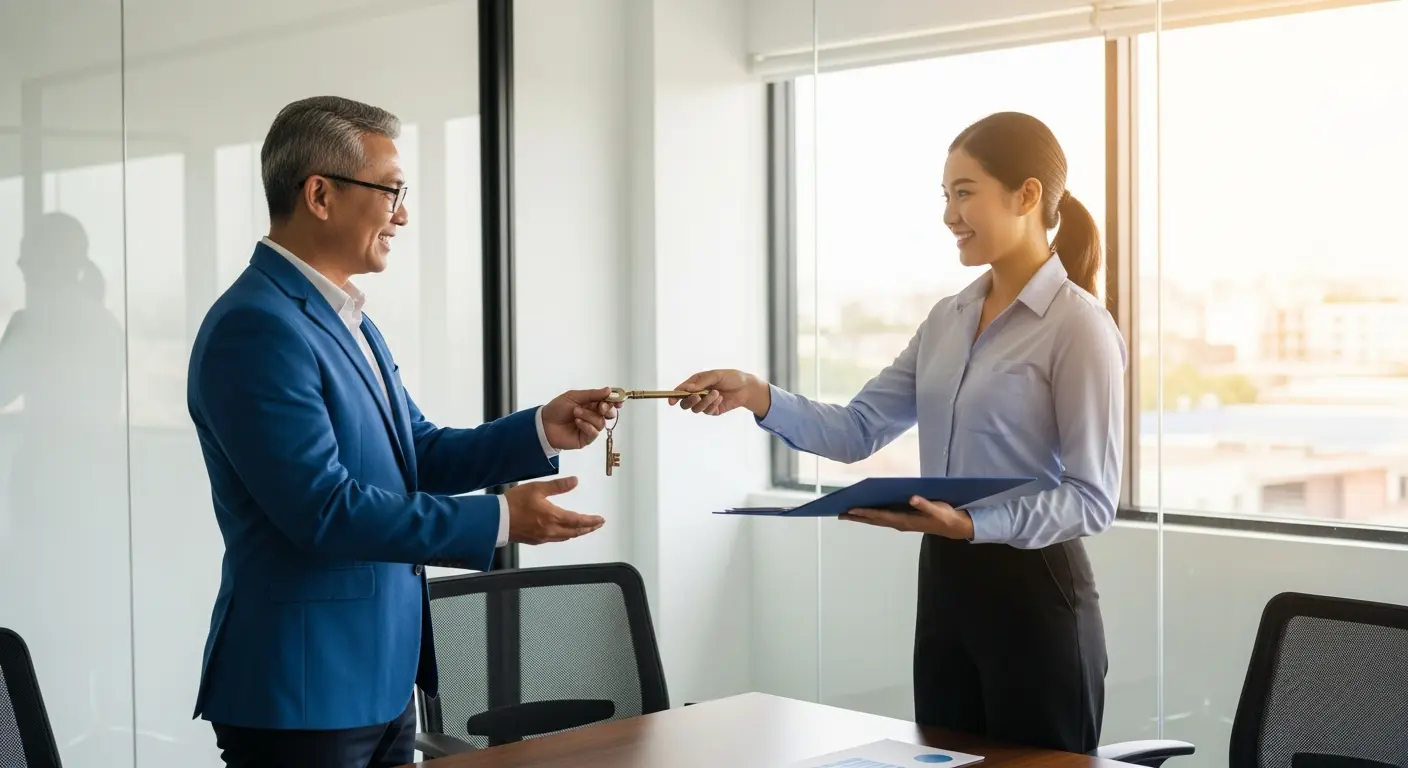 Business founder shaking hands with new operations leader during leadership transition meeting