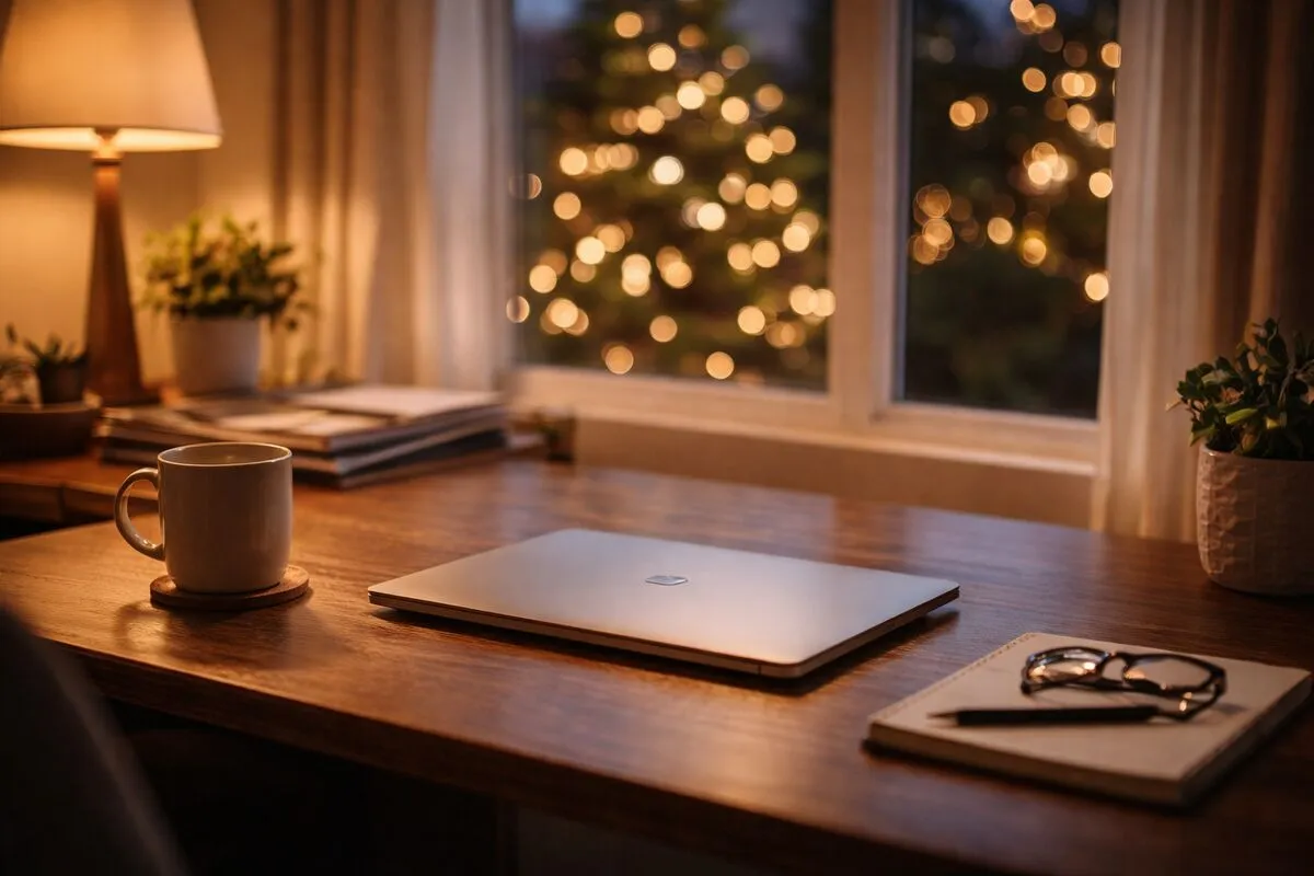 A peaceful home office with a closed laptop, soft Christmas lights glowing in the window