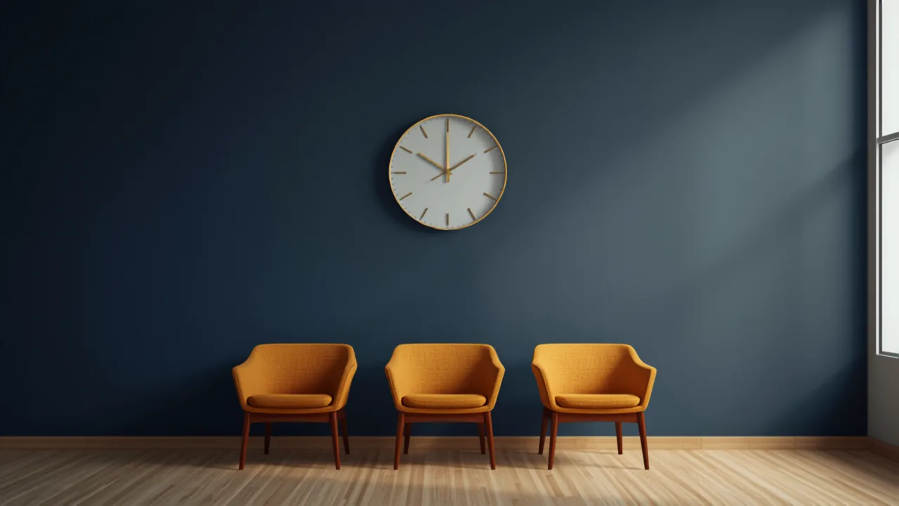 Modern waiting room with minimalist clock showing Time is the first place trust breaks