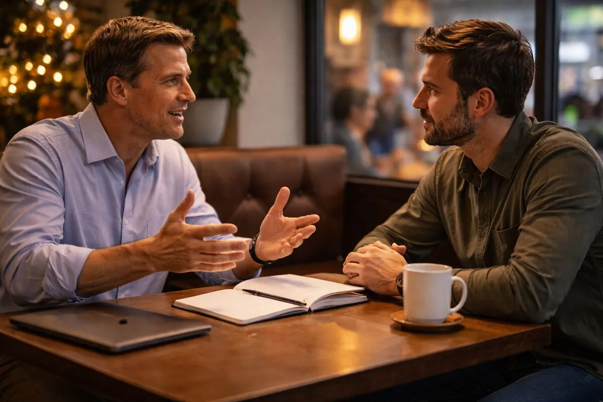 Two people in deep conversation at a table, one listening intently while the other explains something with clarity