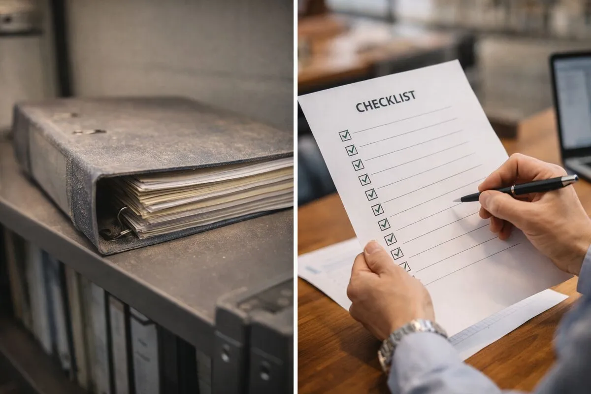 Dusty binder on a shelf versus a clean one-page checklist being actively used