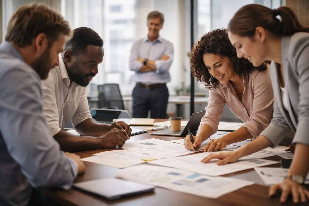 Business owner stepping back while team collaborates and solves problems independently