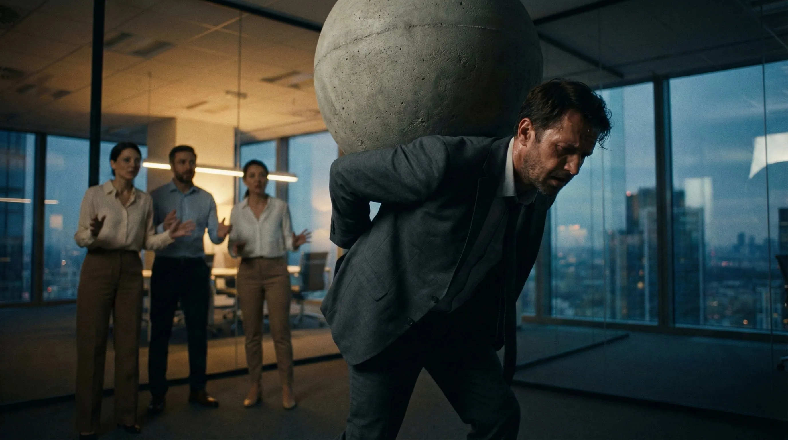 Business owner carrying heavy burden while team watches - leadership bottleneck concept