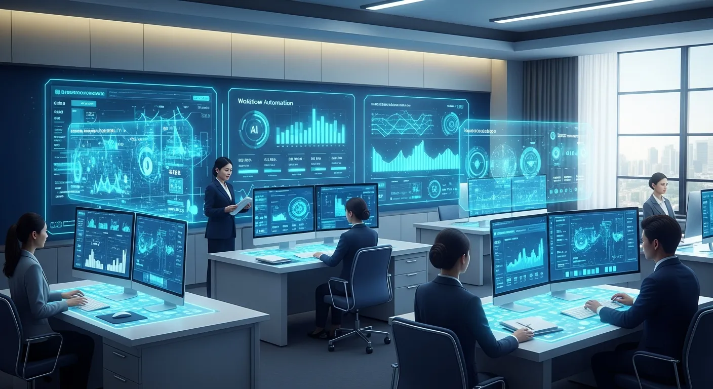 Modern insurance agency using AI automation technology with digital dashboards and workflow automation