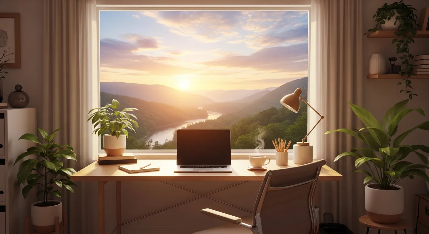 Relaxed entrepreneur working peacefully with balance symbolizing freedom from business burnout